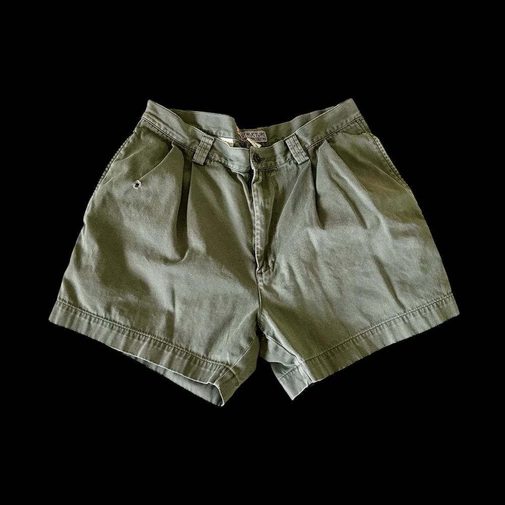 Vintage 90s Structure Pleated Shorts Mens 30 Green Chino Cotton Preppy